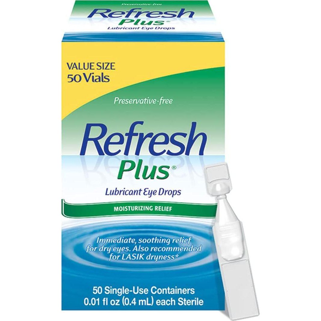 Refresh Plus Lubricant Eye Drops, Preservative-Free, 001 fl oz Single Use Containers, 50 Count, Packaging May Vary