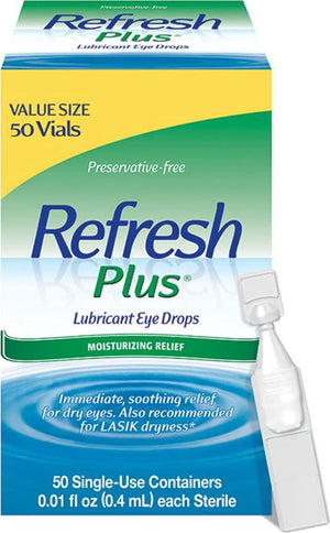 Refresh Plus Lubricant Eye Drops, Preservative-Free, 001 fl oz Single Use Containers, 50 Count, Packaging May Vary