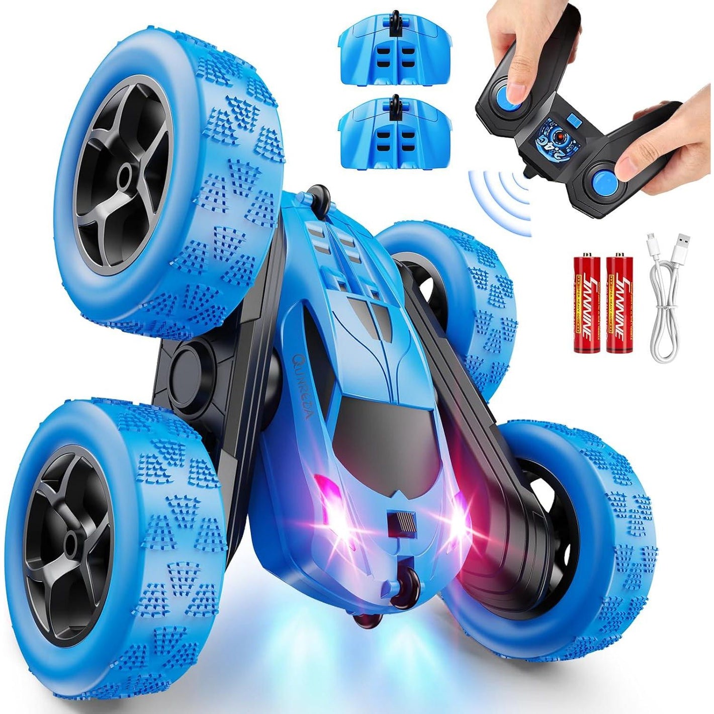 Remote Control Car for Kids Ages 6 12 RC 4WD Stunt Car with LED Lights USB C Batteries Blue
