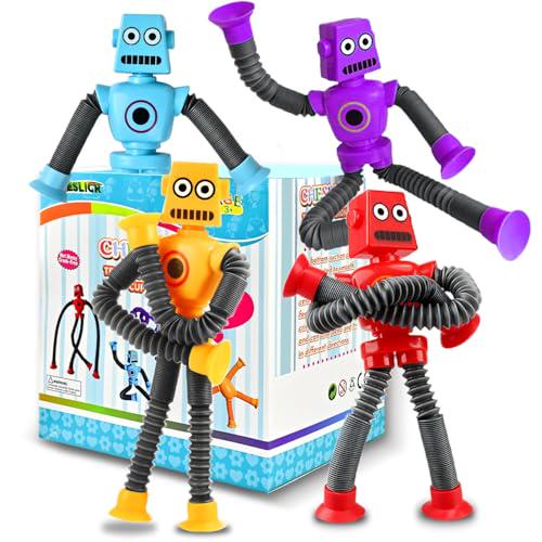 Robot Sensory Fidget Travel Toys, 4 Pack, Suction Cup & Pop Tubes, Ages 3–8, Airplane & Autism Gifts