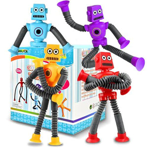Robot Sensory Fidget Travel Toys, 4 Pack, Suction Cup & Pop Tubes, Ages 3–8, Airplane & Autism Gifts