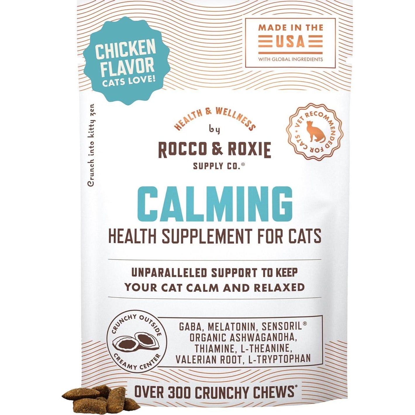 Rocco and Roxie Cat Calming Chews with Melatonin for Stress Relief Sleep Aid Grooming Vet Visits Chicken Flavor