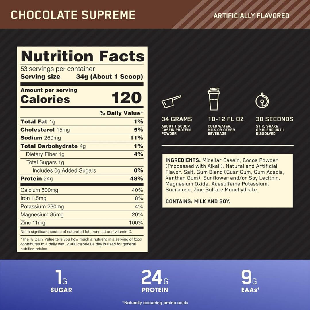Optimum Nutrition Gold Standard 100% Casein Chocolate Supreme Flavor Protein Powder 1.8kg,748927024227