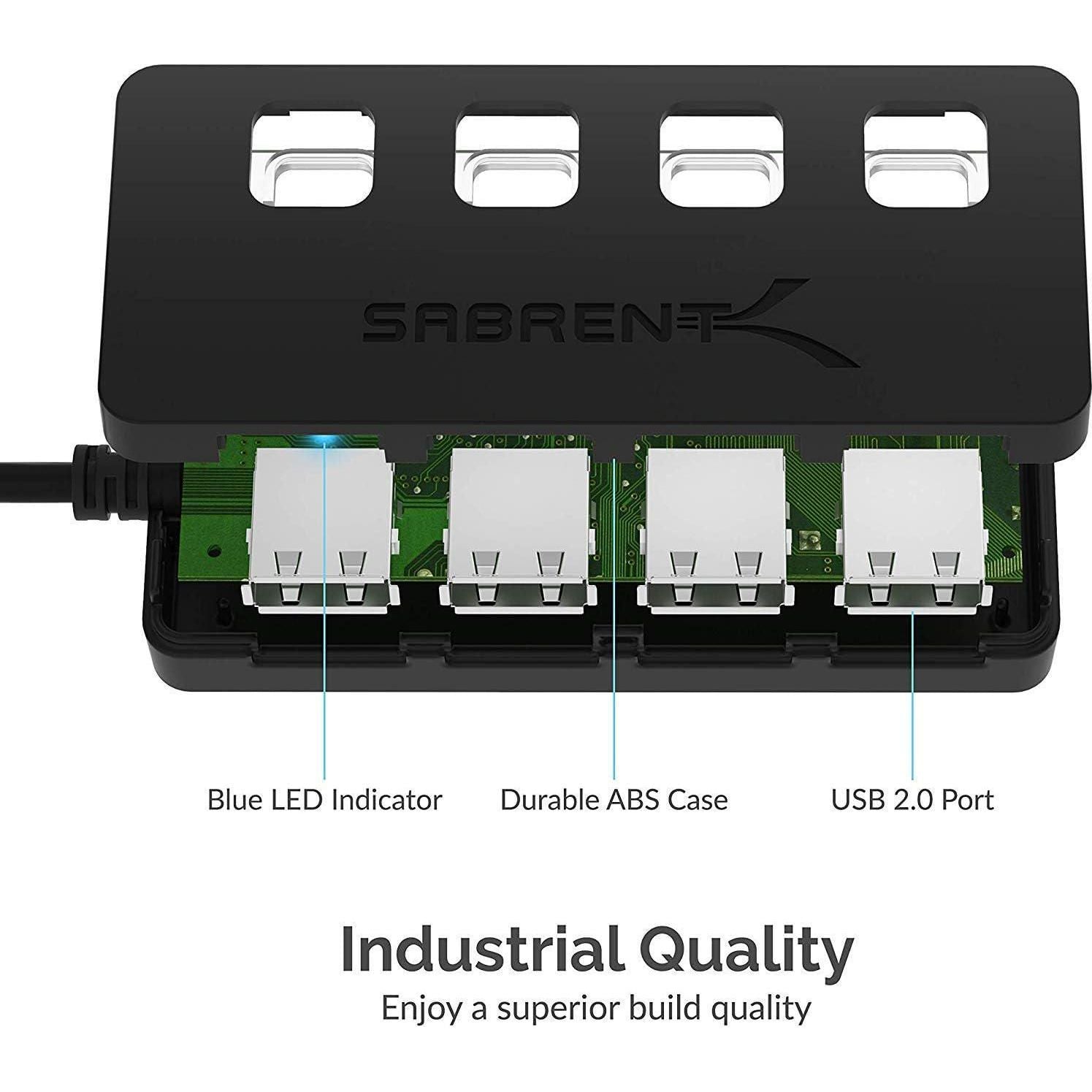 SABRENT 4 Port USB 2.0 Data Hub With Individual LED Lit Power Switches [Charging NOT Supported] For Mac And PC (HB-UMLS),