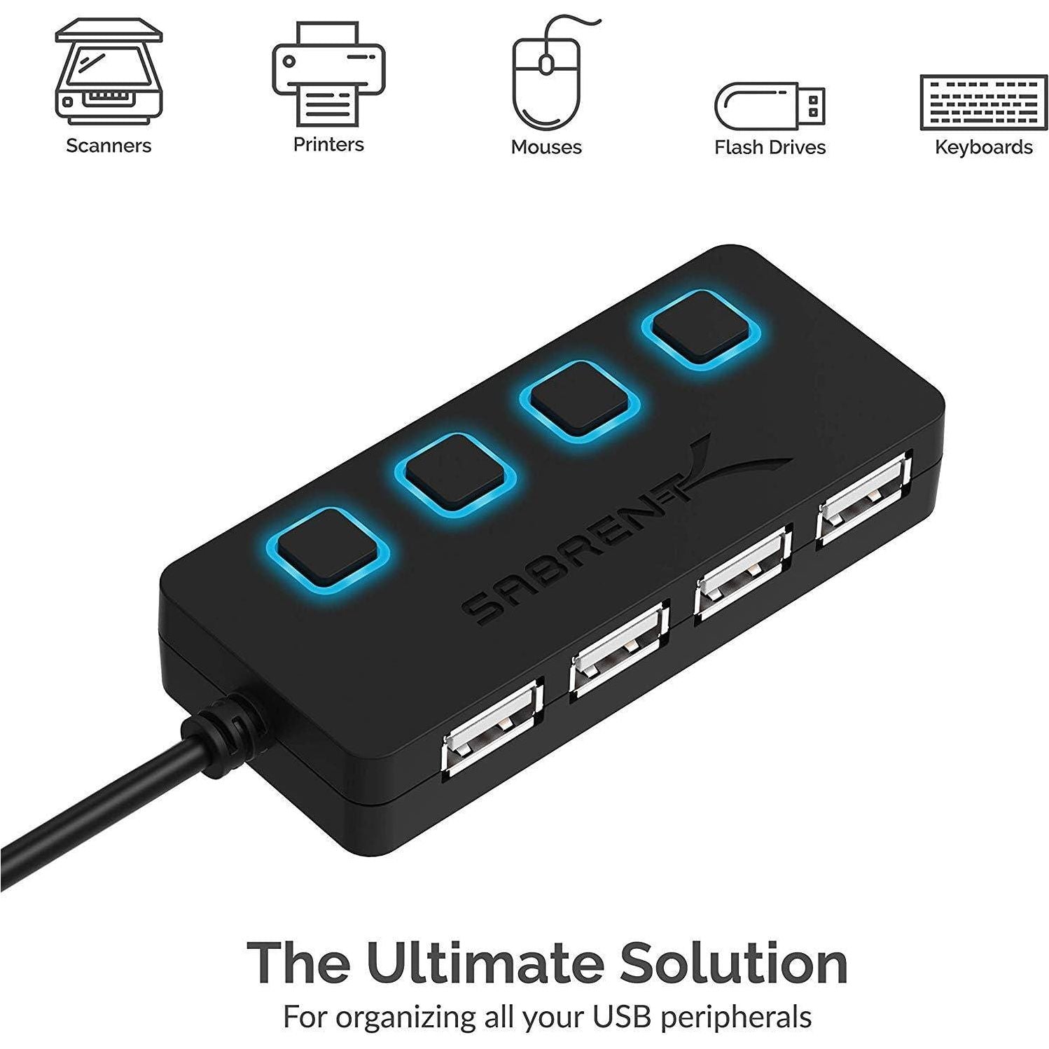 SABRENT 4 Port USB 2.0 Data Hub With Individual LED Lit Power Switches [Charging NOT Supported] For Mac And PC (HB-UMLS),