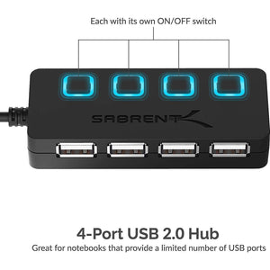 SABRENT 4 Port USB 2.0 Data Hub With Individual LED Lit Power Switches [Charging NOT Supported] For Mac And PC (HB-UMLS),