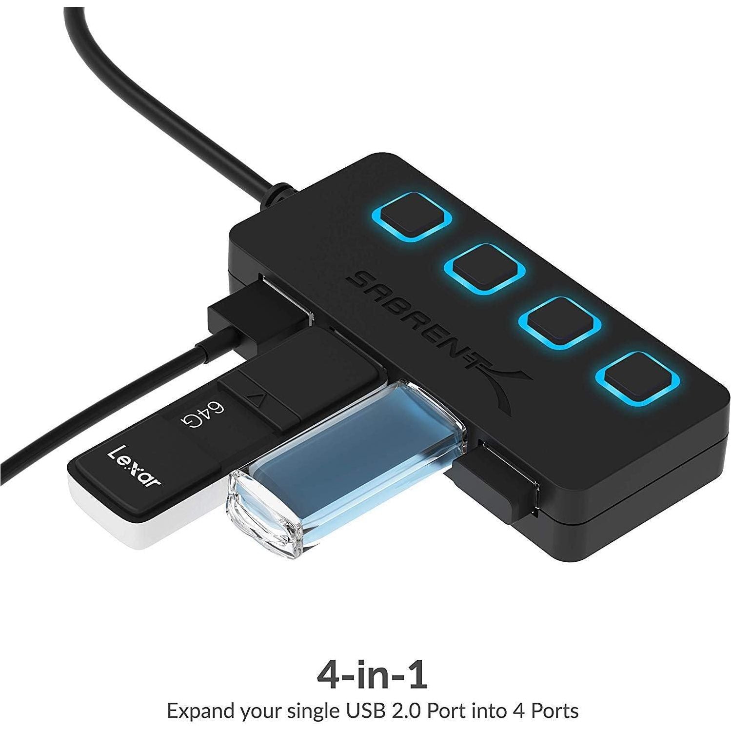 SABRENT 4 Port USB 2.0 Data Hub With Individual LED Lit Power Switches [Charging NOT Supported] For Mac And PC (HB-UMLS),