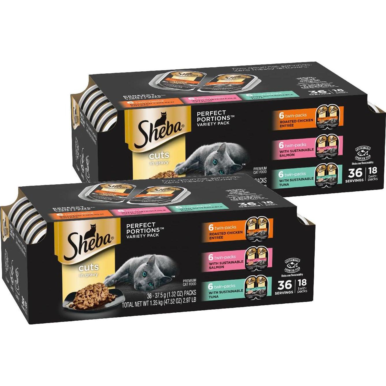 Sheba Perfect Portions Wet Cat Food, Cuts in Gravy, Chicken, Salmon & Tuna Variety, 36 x 1.32 oz Servings, 47.52 oz Total