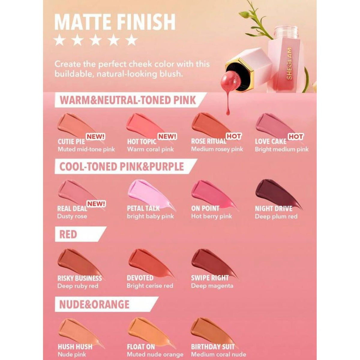 SHEGLAM Makeup - Color Bloom Liquid Blush Matte Finish - Long-wearing Waterproof Gel-Cream Blush With Sponge Tip Applicator (Real Deal),