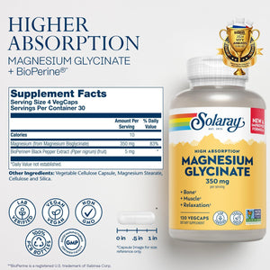 SOLARAY Magnesium Glycinate Capsules, Chelated Magnesium Bisglycinate W/BioPerine, Higher Absorption Magnesium Supplement - Bones, Muscles, Heart Support, Vegan, 275 Count (30 Servings, 120 VegCaps),
