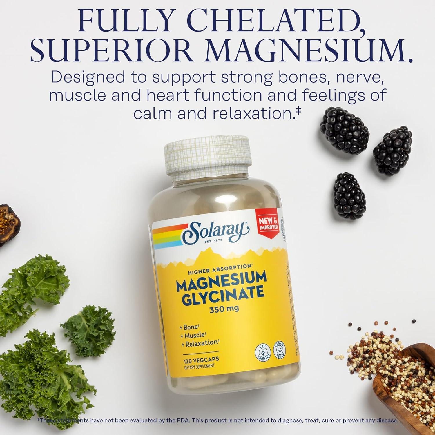 SOLARAY Magnesium Glycinate Capsules, Chelated Magnesium Bisglycinate W/BioPerine, Higher Absorption Magnesium Supplement - Bones, Muscles, Heart Support, Vegan, 275 Count (30 Servings, 120 VegCaps),