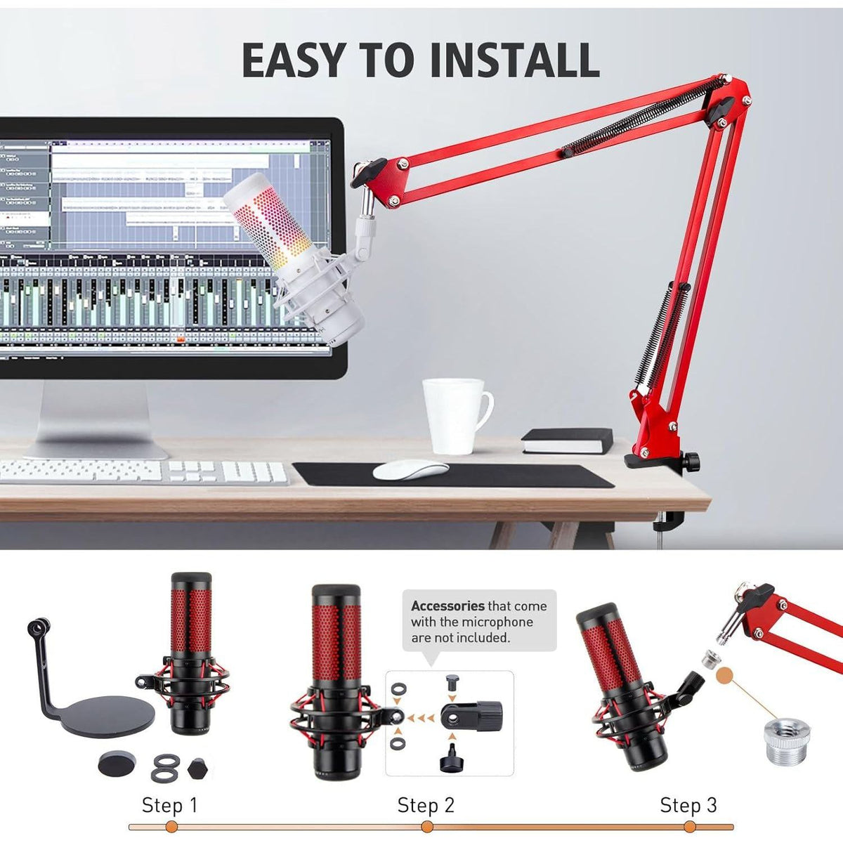 SUNMON Hyper X QuadCast Boom Arm - Upgraded Red Boom Arm For HyperX QuadCast With QuadCast Windscreen, Sound Insulation And Noise Reduction, HyperX QuadCast Microphone Arm With 3/8 To 5/8 Adapter,