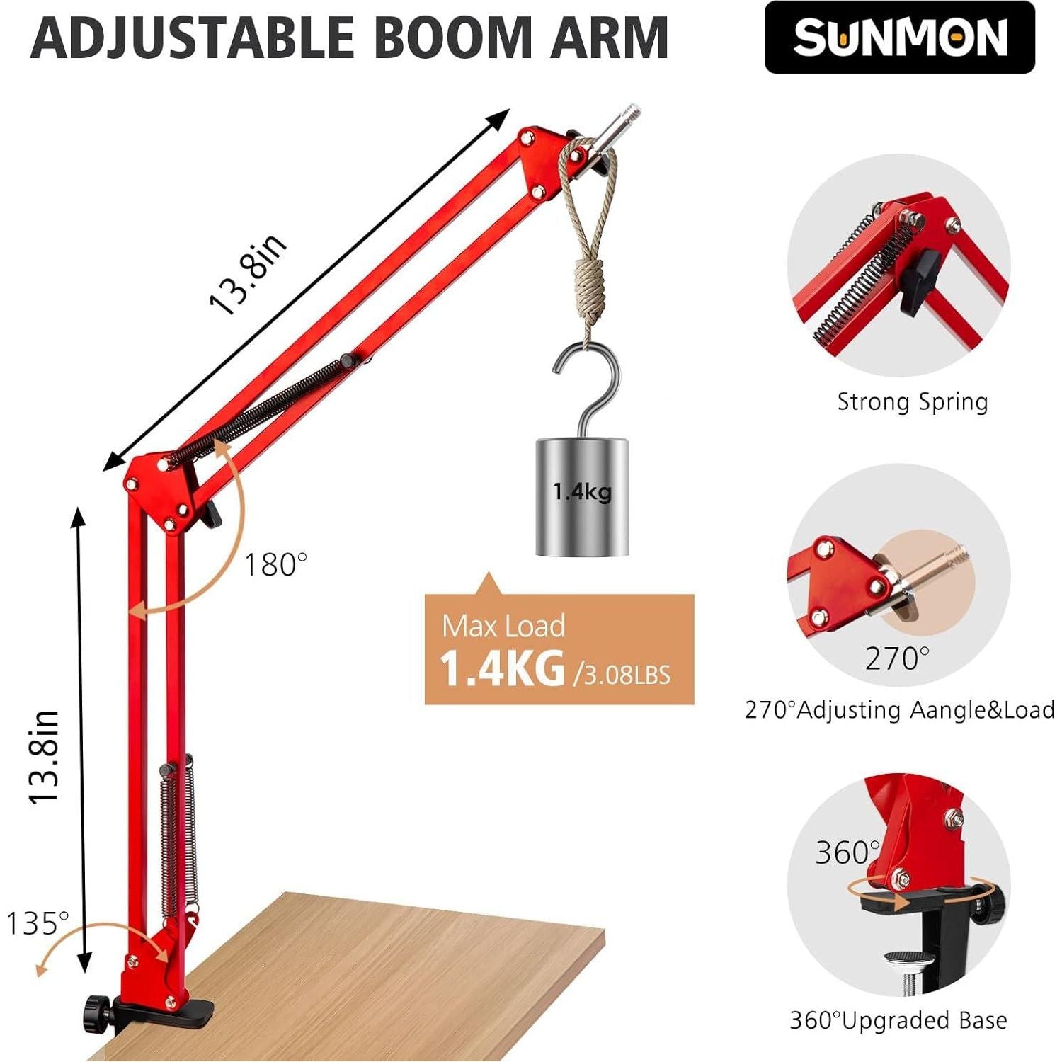 SUNMON Hyper X QuadCast Boom Arm - Upgraded Red Boom Arm For HyperX QuadCast With QuadCast Windscreen, Sound Insulation And Noise Reduction, HyperX QuadCast Microphone Arm With 3/8 To 5/8 Adapter,
