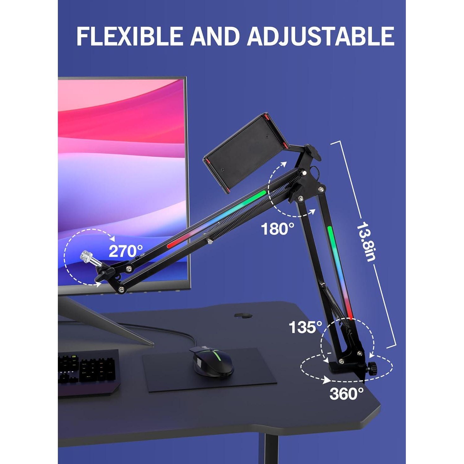 SUNMON RGB Boom Arm - Mic Arm With RGB Light, Adjustable 11 Light Modes, Microphone Boom Arm With Adapter Compatible With Fifine Microphone, Blue Yeti, HyperX QuadCast And Most Gaming Mic,