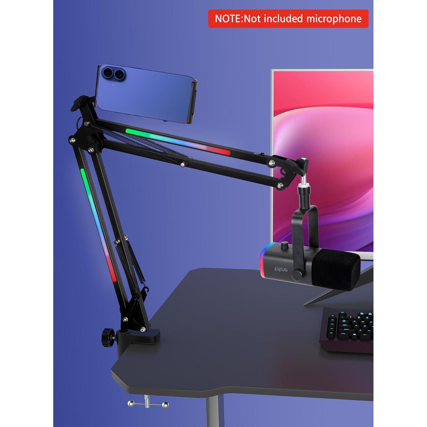 SUNMON RGB Boom Arm - Mic Arm With RGB Light, Adjustable 11 Light Modes, Microphone Boom Arm With Adapter Compatible With Fifine Microphone, Blue Yeti, HyperX QuadCast And Most Gaming Mic,