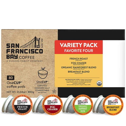 San Francisco Bay Compostable Coffee Pods, Original Variety Pack, 80 Count, Keurig Compatible (Including Keurig 20), French Breakfast, Fog & Organic Rainforest