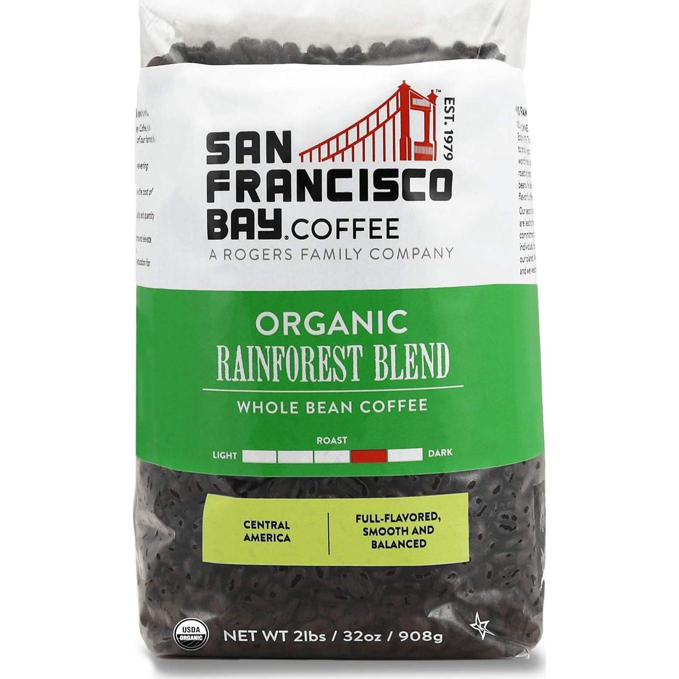 San Francisco Bay Whole Bean Coffee, Organic Rainforest Blend, 2lb Bag, Medium-Dark Roast