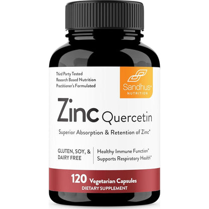 Sandhu's Zinc Quercetin, 120 Vegetarian Capsules, Zinc Supplements for Antioxidant & Immune Support, Gluten, Soy, Dairy-Free