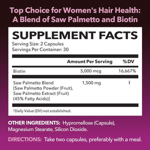 Havasu Nutrition Saw Palmetto for Women with Biotin 5000mcg, DHT Blocker for Hair, Skin & Nail Health, 60 Vegan Non-GMO Tablets, 1-Month Supply