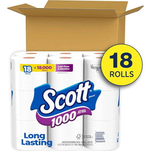 Scott 1000 Toilet Paper, 18 Rolls, Septic Safe, 1-Ply, Long-Lasting, Bulk Pack