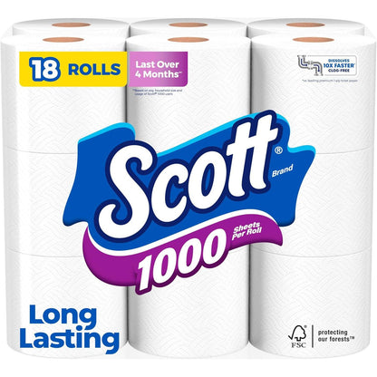 Scott 1000 Toilet Paper, 18 Rolls, Septic Safe, 1-Ply, Long-Lasting, Bulk Pack
