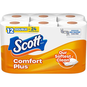 Scott ComfortPlus Toilet Paper, 12 Double Rolls, 231 Sheets per Roll, Septic-Safe, 1-Ply Toilet Tissue