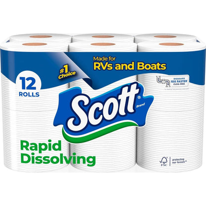 Scott Rapid Dissolving Toilet Paper, 12 Double Rolls, Sustainable, Septic-Safe Toilet Paper