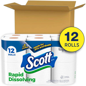 Scott Rapid Dissolving Toilet Paper, 12 Double Rolls, Sustainable, Septic-Safe Toilet Paper