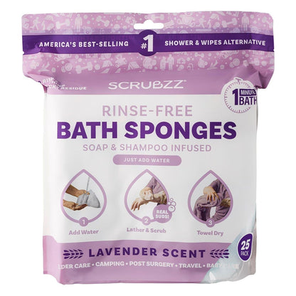 Scrubzz Scrubzz Disposable No Rinse Bathing Wipes - 25 Pack - All-in-1 Single Use Shower Wipes, Simply Dampen, Lather, And Dry Without Shampoo Or Rinsing (Lavender, 1-Pack)