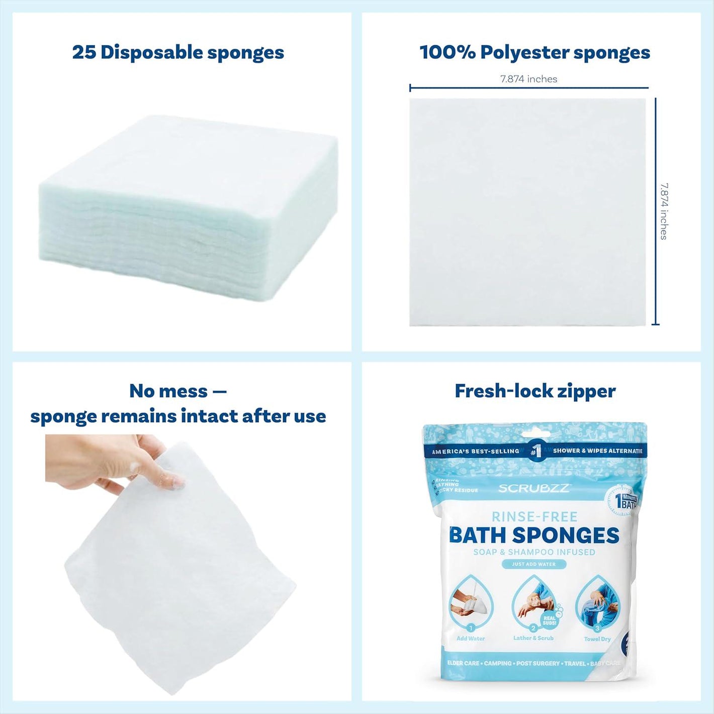 Scrubzz Scrubzz Disposable No Rinse Bathing Wipes - All-in-1 Single Use Shower Wipes, Simply Dampen, Lather, And Dry Without Shampoo Or Rinsing (Unscented, 2-Pack)