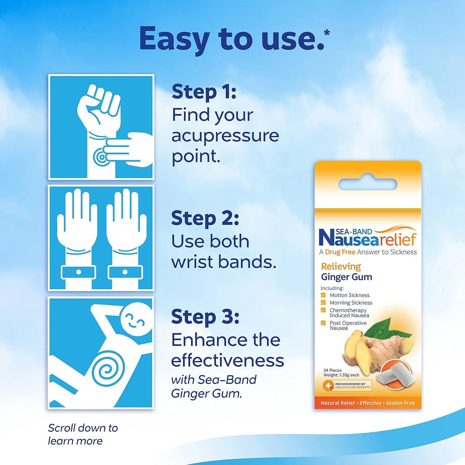 Sea-Band Anti-Nausea Acupressure Wristband For Motion And Morning Sickness - 1 Pair Navy Blue,