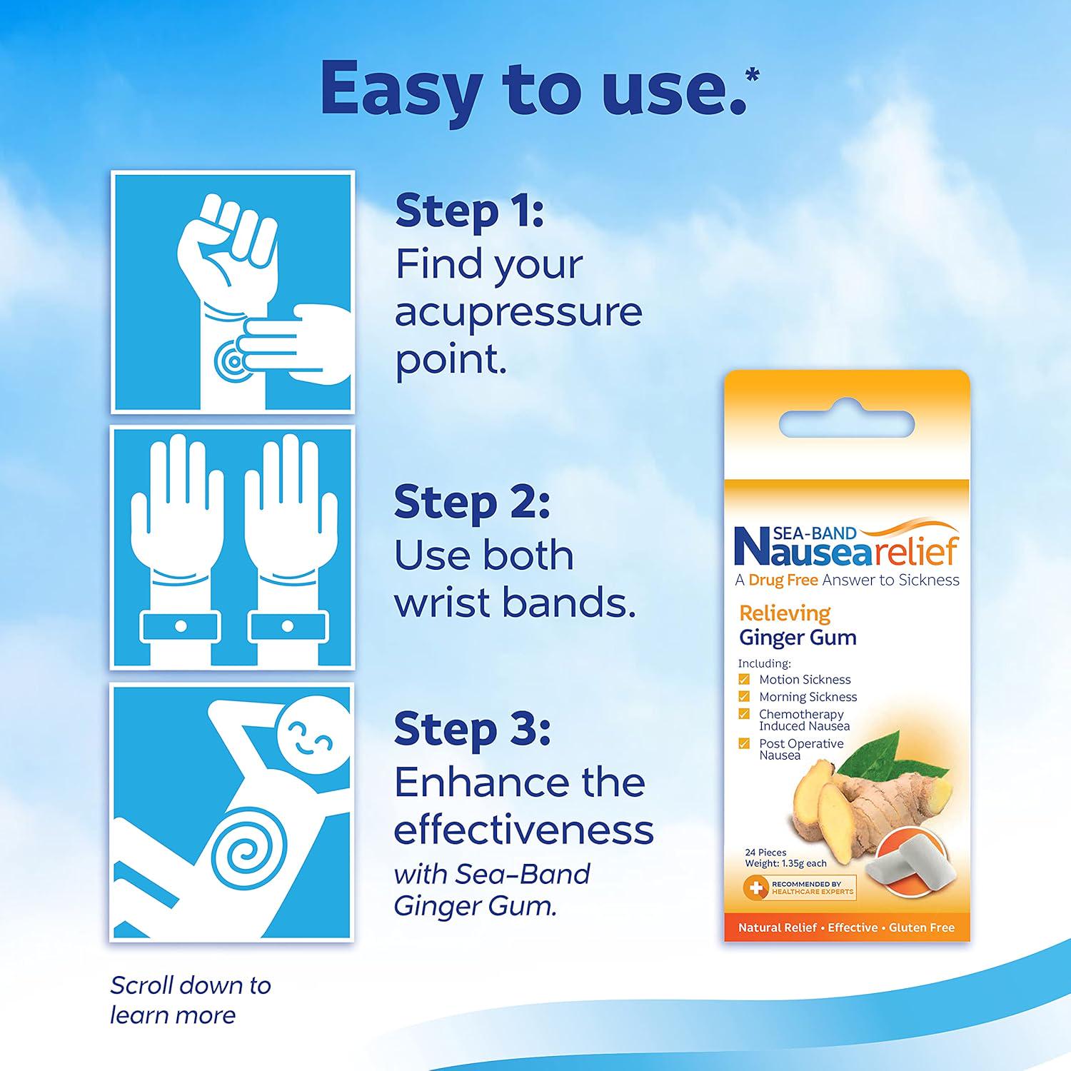 Sea-Band Anti-Nausea Acupressure Wristband For Motion And Morning Sickness, 1 Pair, Gray,