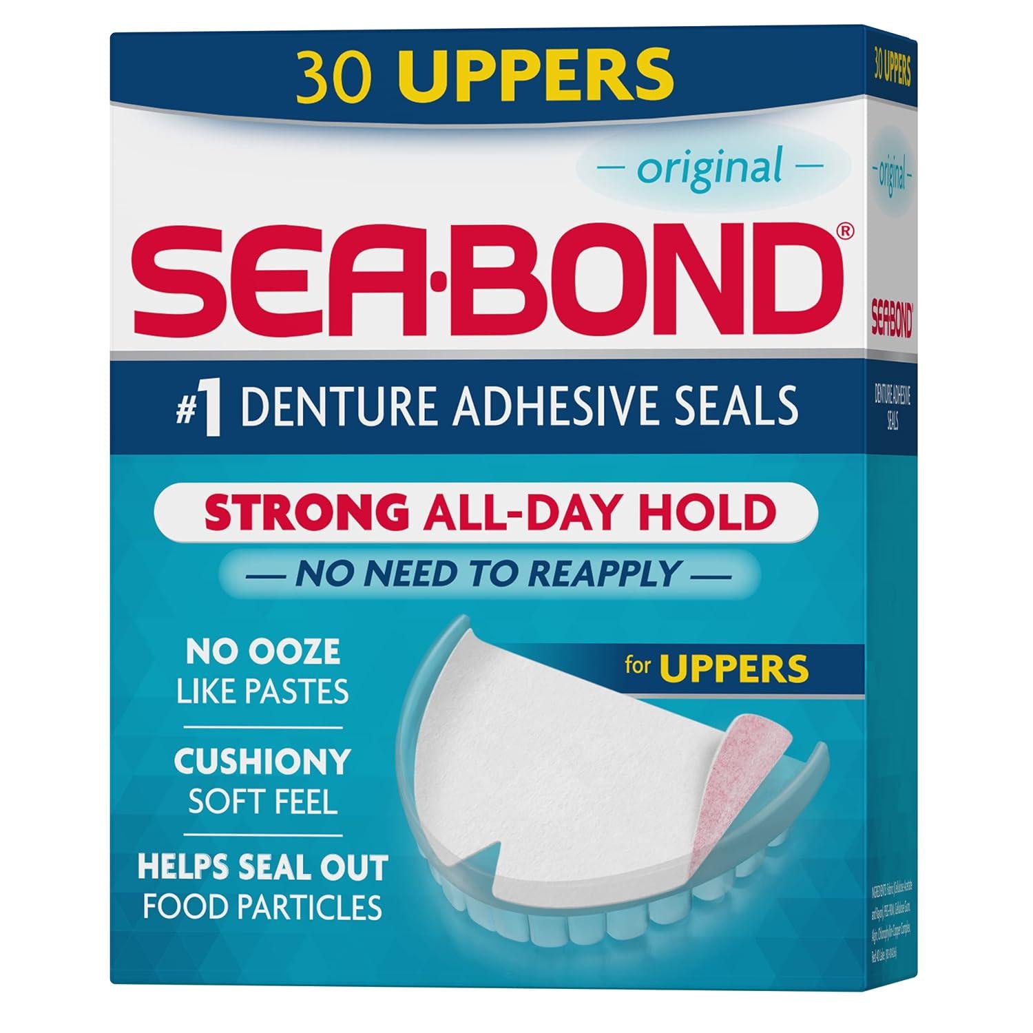Sea Bond Secure Denture Adhesive Seals, Original Uppers, Zinc-Free, All-Day-Hold, Mess-Free, 30 Count (Pack Of 1),