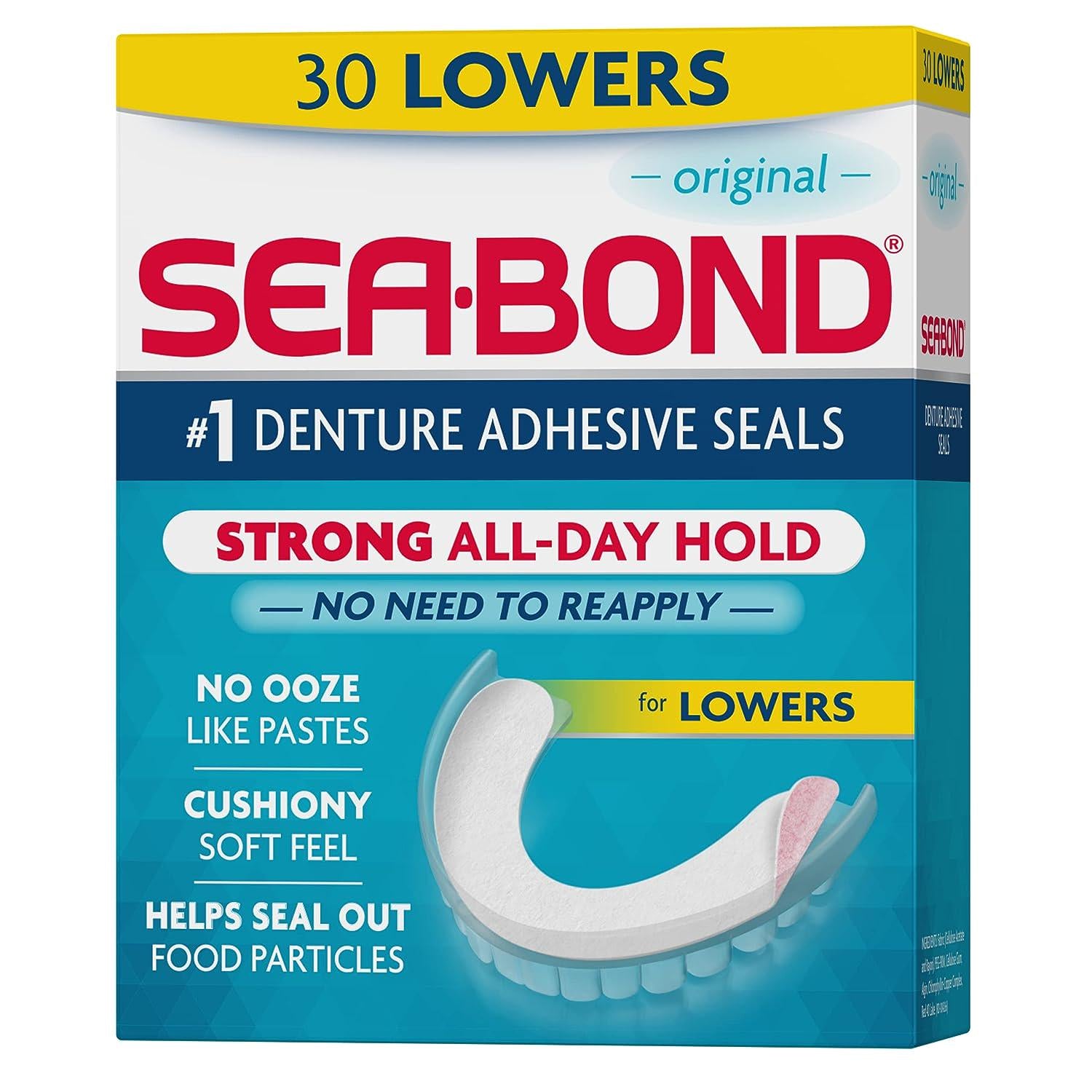 Sea Bond Secure Denture Adhesive Seals, Original Lowers, Zinc-Free, All-Day-Hold, Mess-Free, 30 Count (Pack Of 1),