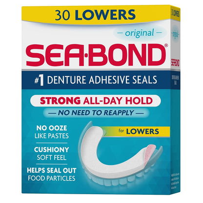 Sea Bond Secure Denture Adhesive Seals, Original Lowers, Zinc-Free, All-Day-Hold, Mess-Free, 30 Count (Pack Of 1),