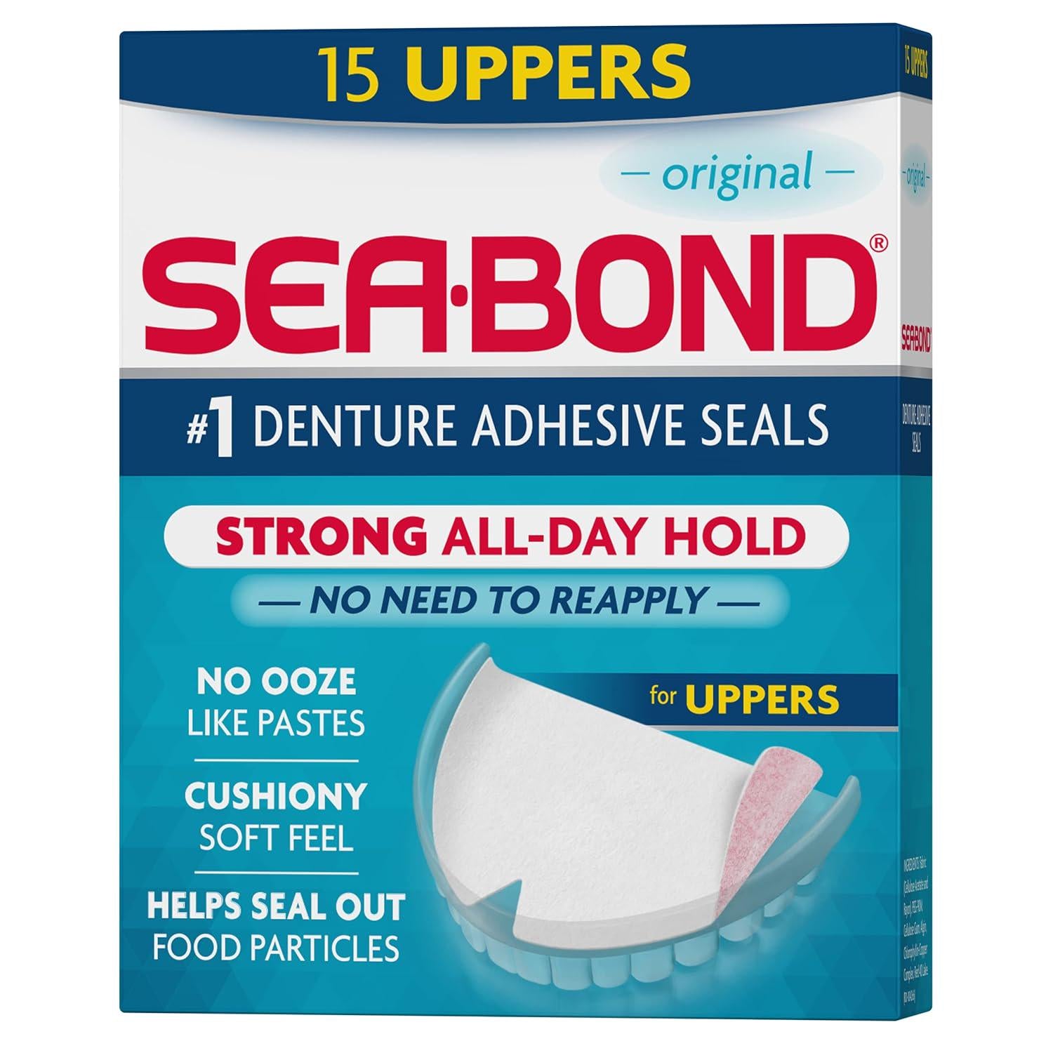 Sea Bond Secure Denture Adhesive Seals, Original Uppers, Zinc-Free, All-Day-Hold, Mess-Free, 15 Count (Pack Of 1),