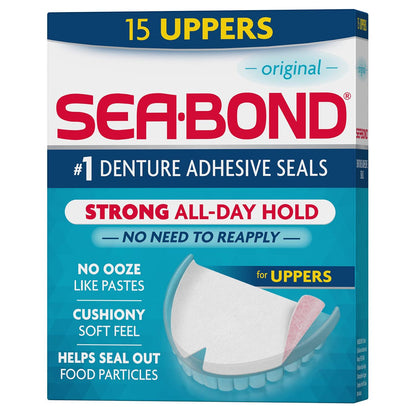Sea Bond Secure Denture Adhesive Seals, Original Uppers, Zinc-Free, All-Day-Hold, Mess-Free, 15 Count (Pack Of 1),