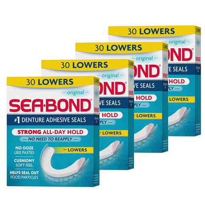 Sea Bond Secure Denture Adhesive Seals, Original Lowers, Zinc-Free, All-Day-Hold, Mess-Free, 30 Count (Pack Of 4),
