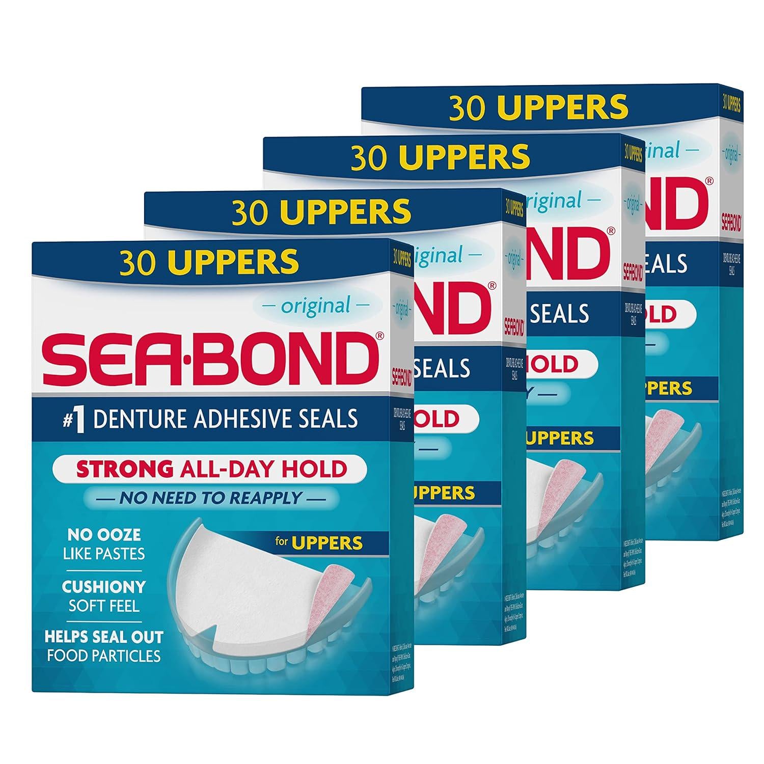 Sea-Bond Secure Denture Adhesive Seals, Original Uppers, Zinc-Free, All-Day-Hold, Mess-Free, 30 Count (Pack Of 4),