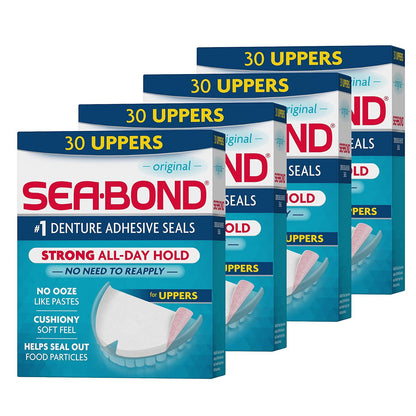 Sea-Bond Secure Denture Adhesive Seals, Original Uppers, Zinc-Free, All-Day-Hold, Mess-Free, 30 Count (Pack Of 4),