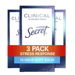 Secret Secret Clinical Strength Antiperspirant Deodorant For Women, Stress Response, 3X Stress Protection, 72hr Sweat And Odor Protection, PH Balancing Minerals, Soft Solid, 1.6 Oz (Pack Of 3)