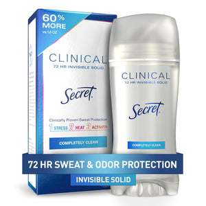 Secret Secret Clinical Strength Antiperspirant Deodorant For Women, 3X Stress Protection, 72hr Sweat And Odor Protection, PH Balancing Minerals, Invisible Solid, Completely Clean Scent, 2.6 Oz