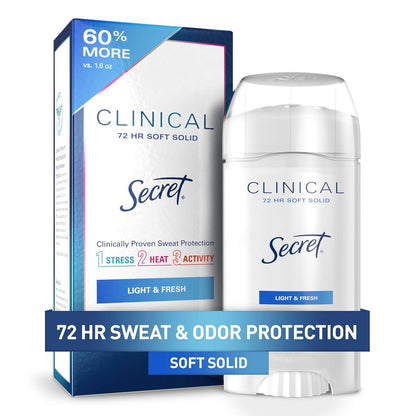 Secret Secret Clinical Strength Antiperspirant Deodorant For Women, 3X Stress Protection, 72hr Sweat And Odor Protection, PH Balancing Minerals, Soft Solid, Light And Fresh Scent, 2.6 Oz