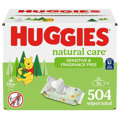 Sensitive Baby Wipes, Huggies Natural Care Baby Diaper Wipes, Unscented, Hypoallergenic, 99% Purified Water, 56 Count (Pack Of 9) (504 Wipes Total),
