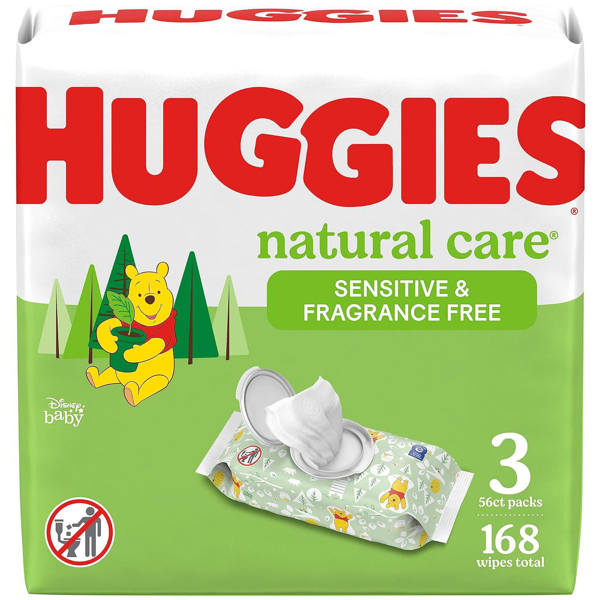 Sensitive Baby Wipes, Huggies Natural Care Baby Diaper Wipes, Unscented, Hypoallergenic, 99% Purified Water, 3 Flip-Top Packs (168 Wipes Total),