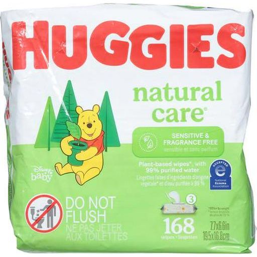 Sensitive Baby Wipes, Huggies Natural Care Baby Diaper Wipes, Unscented, Hypoallergenic, 99% Purified Water, 3 Flip-Top Packs (168 Wipes Total),