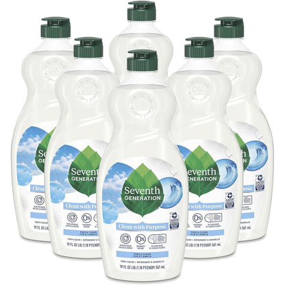 Seventh Generation Free & Clear Dish Liquid Soap, 19 oz, Sensitive Skin Formula, Pack of 6, Plant-Based Ingredients