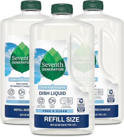 Seventh Generation Free & Clear Dish Liquid Soap Refill, Sensitive Skin, 50oz, Pack of 3