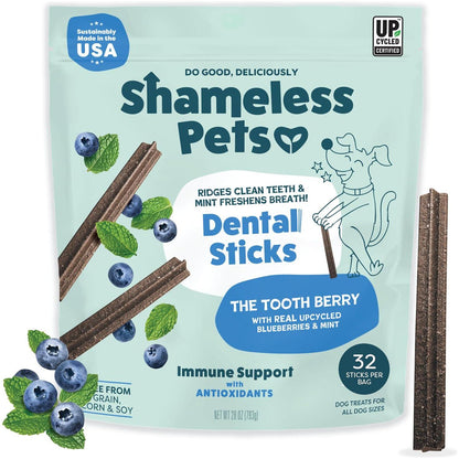 Shameless Pets Toothberry Dog Dental Chews, Grain-Free Dental Sticks, 32 Ct, Fresh Breath Support