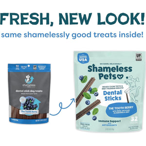 Shameless Pets Toothberry Dog Dental Chews, Grain-Free Dental Sticks, 32 Ct, Fresh Breath Support